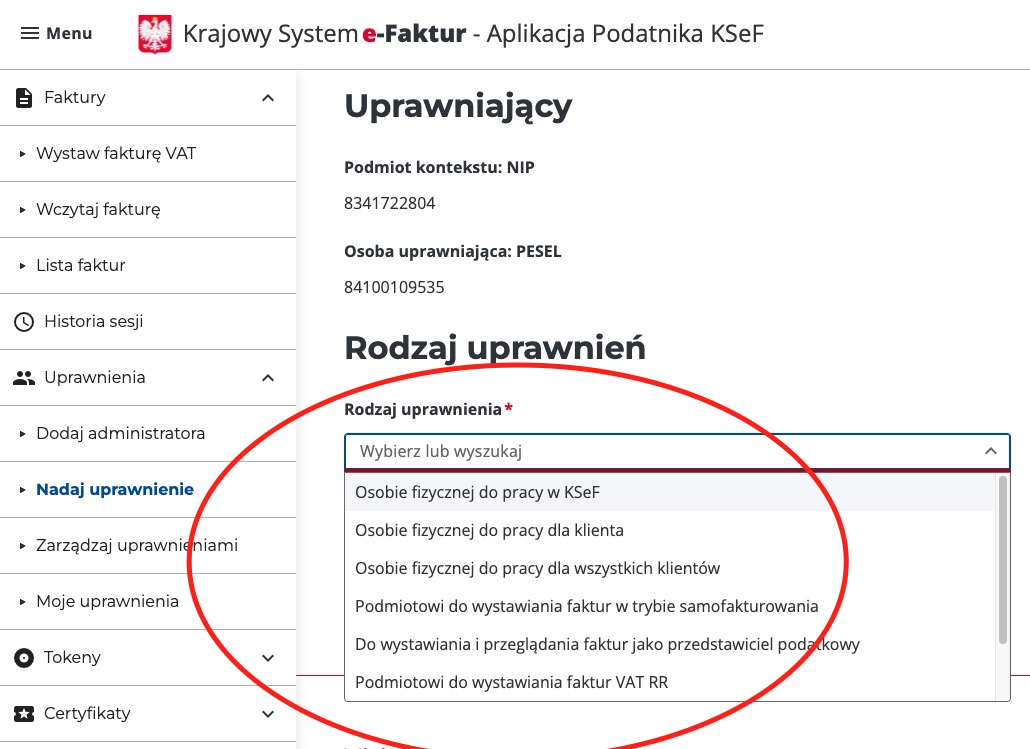 AP MF krok 3 - wybór rodzaju uprawnienia