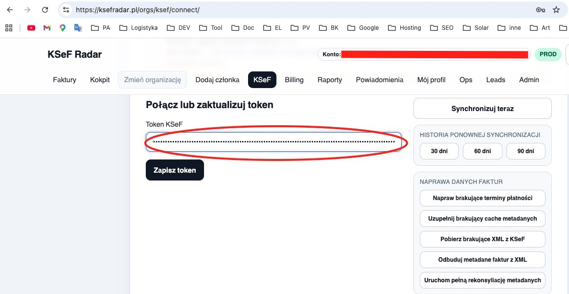 KSeF krok 5 - wklejenie tokenu w KSeF Radar